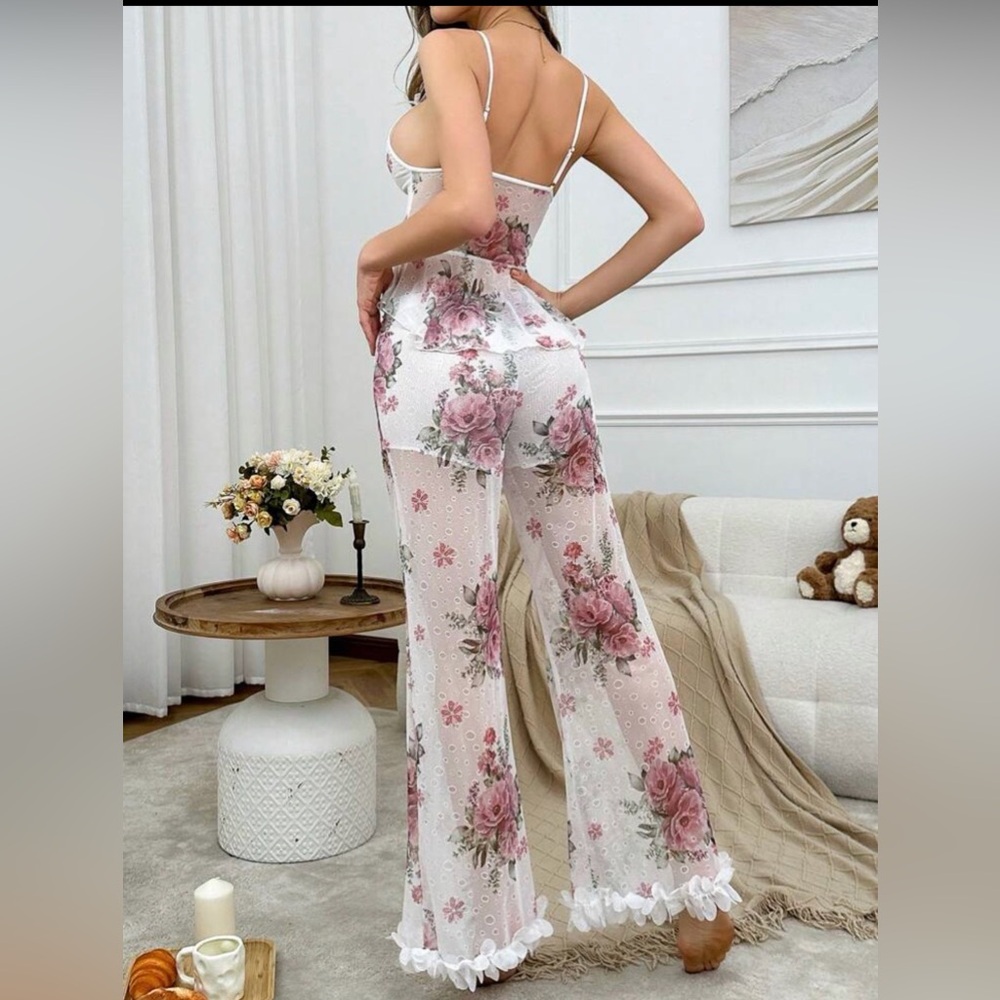 Floral Sheer Lace Trim Jumpsuit - White with Pink Roses - Picture 6 of 7